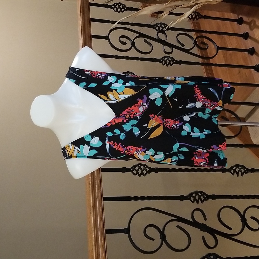 bp Black Floral V-Neck Tank Top with Teal, Yellow, and Pink